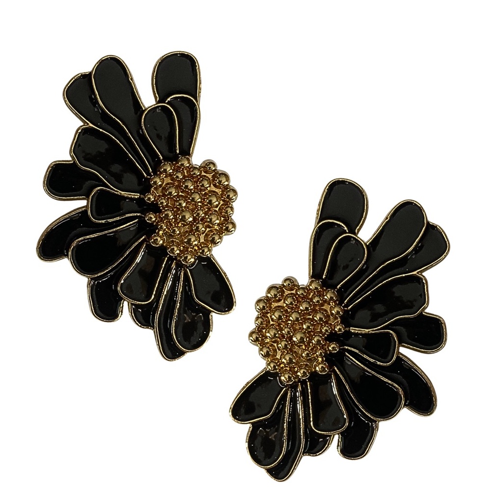 4/$40 -Gold & Black Floral Statement Earrings - Women Jewelry